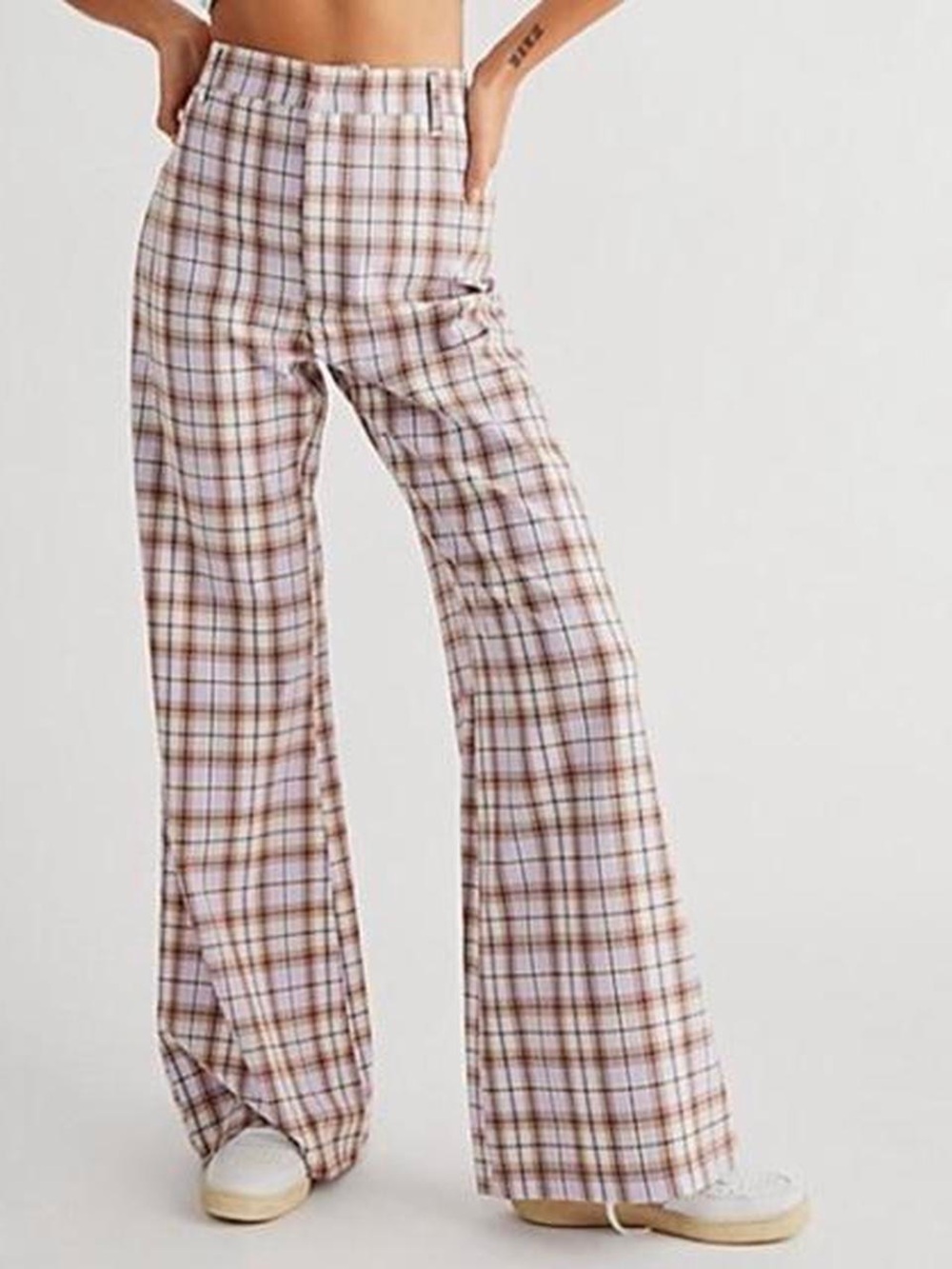 Free People Jules Plaid Wide Leg Pants 6 Lavender Brown Retro